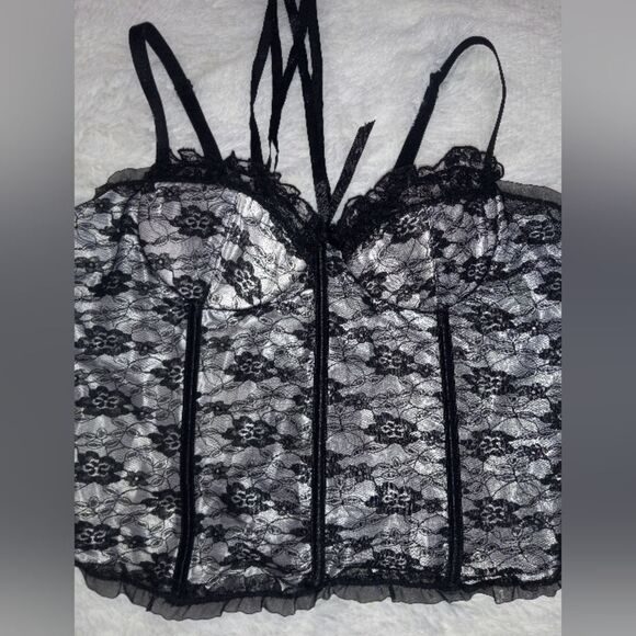 Coquette Lace-Up Corset Top Large Black White Lace Lingerie Bustier Costume - Picture 2 of 6